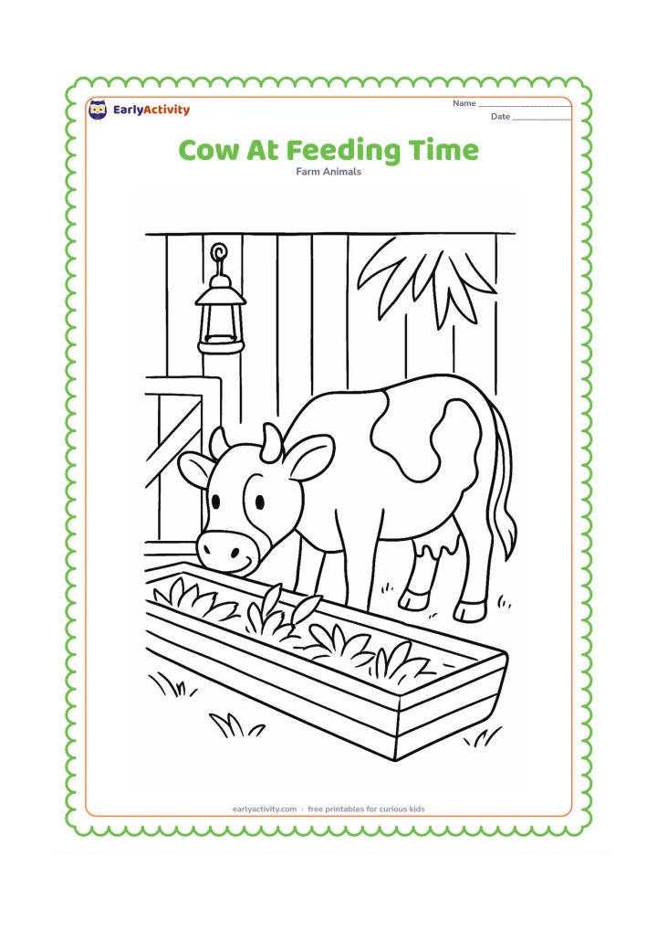 Colouring page: A cow eats from a long wooden feeding trough filled with grass and leafy plants. Show a barn wall, a hanging lantern, and a few hay strands in the background.