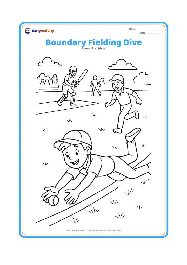 Colouring page: A young fielder dives across the grass to stop a ball near the boundary rope while another fielder runs over to help. In the background show the batter, bowler, pitch and a small crowd…