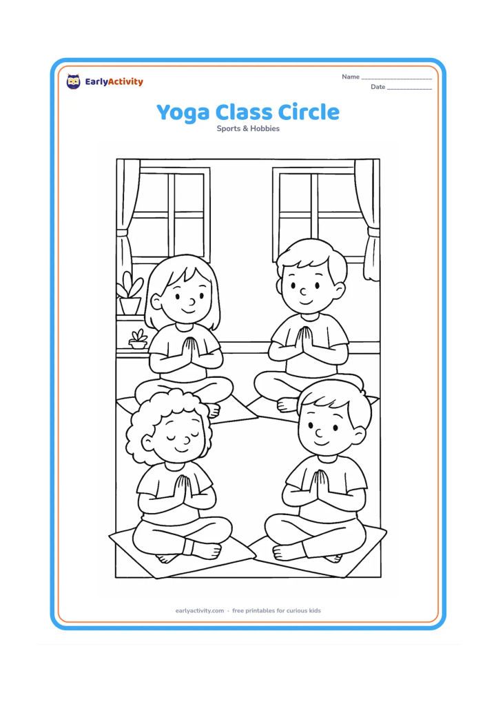 Colouring page: Four children sit in a loose circle on individual mats, each with hands together at the chest in a quiet greeting pose. Show a classroom with open windows, curtains, a shelf of plants…