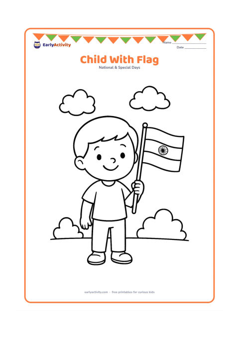 Colouring page: Draw a smiling young child standing and holding a small Indian flag on a pole. Add simple shoes, a plain shirt, a few clouds and two rounded bushes in the background.