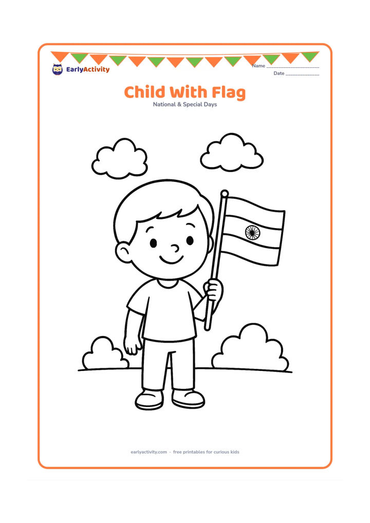 Colouring page: Draw a smiling young child standing and holding a small Indian flag on a pole. Add simple shoes, a plain shirt, a few clouds and two rounded bushes in the background.