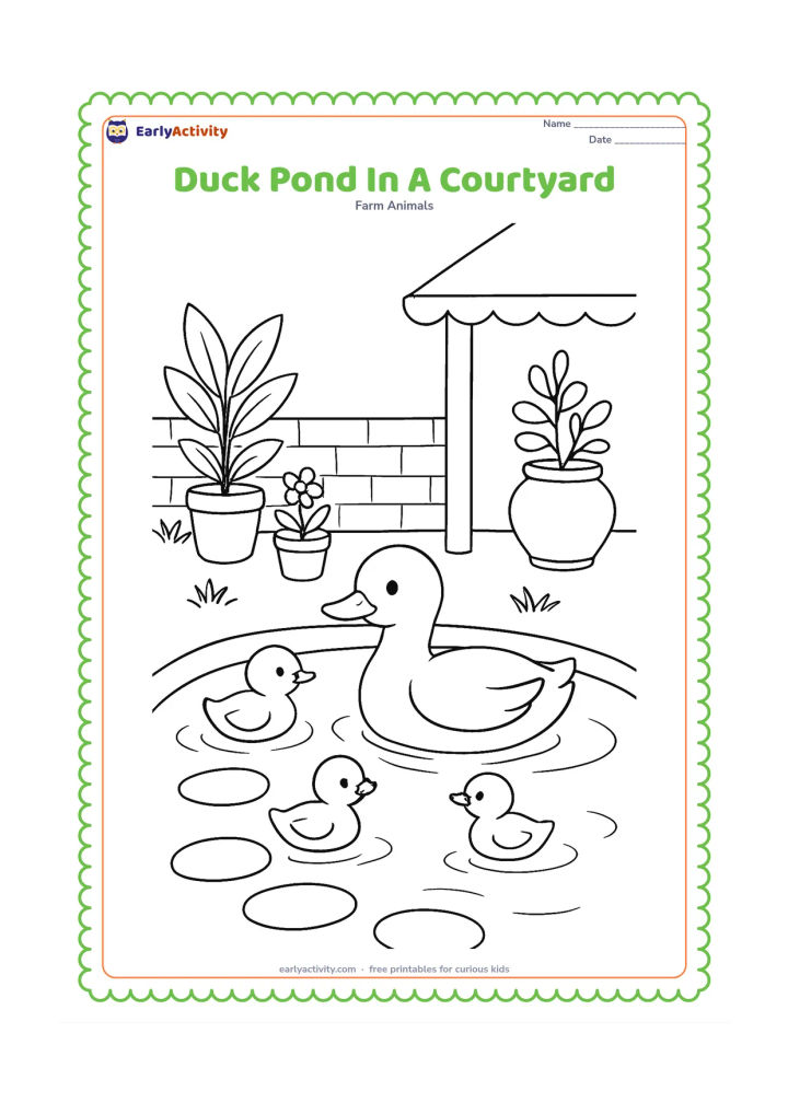 Colouring page: A duck and two ducklings explore a small courtyard pond beside a low wall, clay pots, potted plants and a simple shaded veranda. Add stepping stones and a few pond ripples.