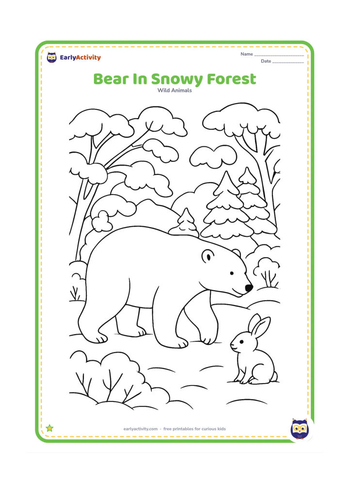 Colouring page: A polar bear walks through a quiet Arctic woodland of snow-covered willows and small evergreen trees, with layered snow on branches and a rabbit watching from the side.