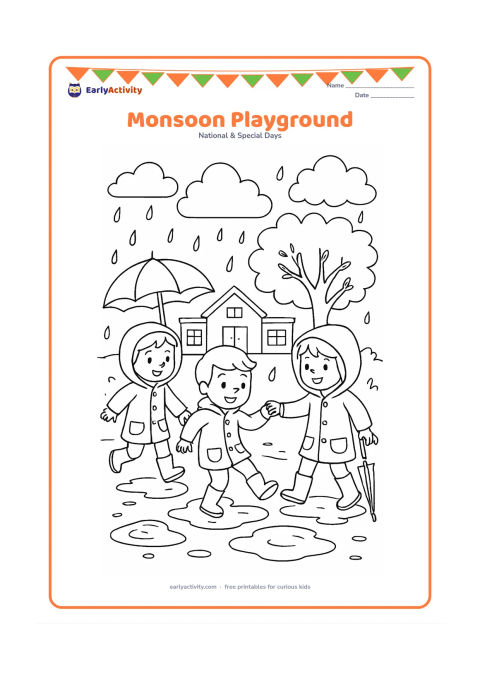 Colouring page: Three children in raincoats share a cheerful puddle-jumping game in a schoolyard after rain. Include umbrellas, puddles, a leafy tree, rain clouds, and water drops, with one child…