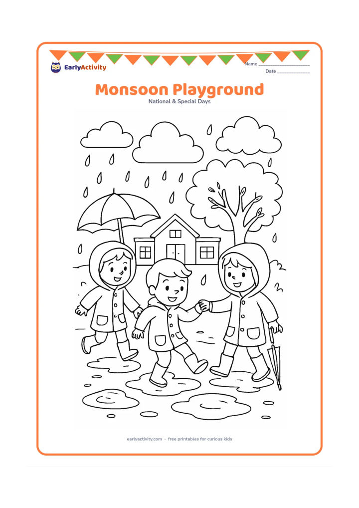 Colouring page: Three children in raincoats share a cheerful puddle-jumping game in a schoolyard after rain. Include umbrellas, puddles, a leafy tree, rain clouds, and water drops, with one child…