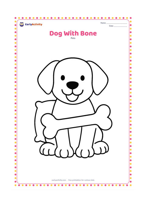 Colouring page: Draw a seated dog holding one oversized bone between its front paws, with a friendly open mouth and floppy ears. Add one simple cushion behind the dog.