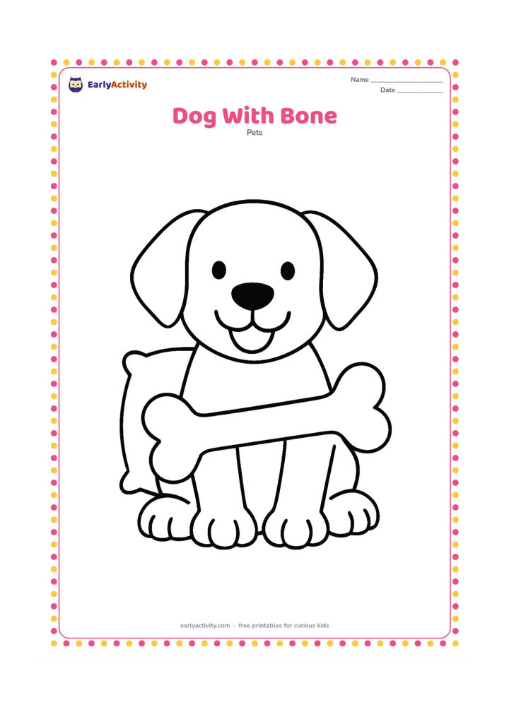 Colouring page: Draw a seated dog holding one oversized bone between its front paws, with a friendly open mouth and floppy ears. Add one simple cushion behind the dog.