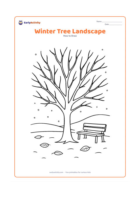 Worksheet: Show a leafless tree with many naturally splitting branches in a quiet winter landscape, with bare ground, a low hill, a bench and a few fallen leaves. Include faint snow-like dots only…