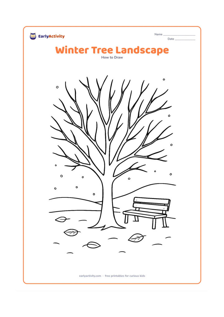 Worksheet: Show a leafless tree with many naturally splitting branches in a quiet winter landscape, with bare ground, a low hill, a bench and a few fallen leaves. Include faint snow-like dots only…