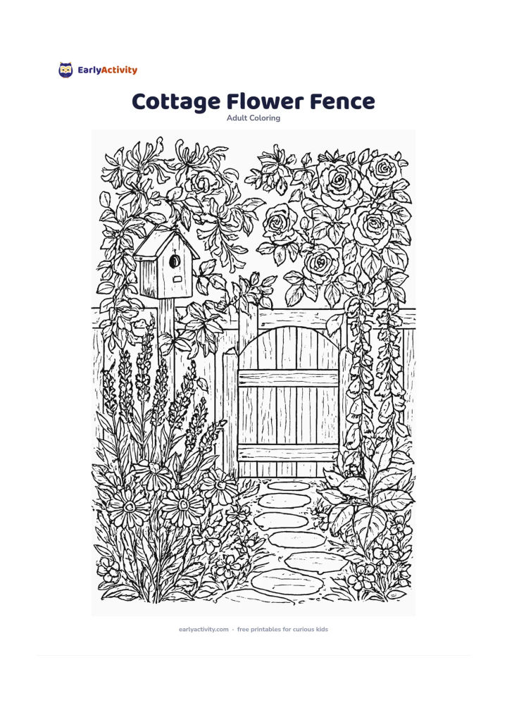 Colouring page: Draw a rustic fence covered with honeysuckle and roses, with a cottage garden of lavender, daisies, foxgloves and leafy shrubs in front. Include a small gate, a birdhouse without…