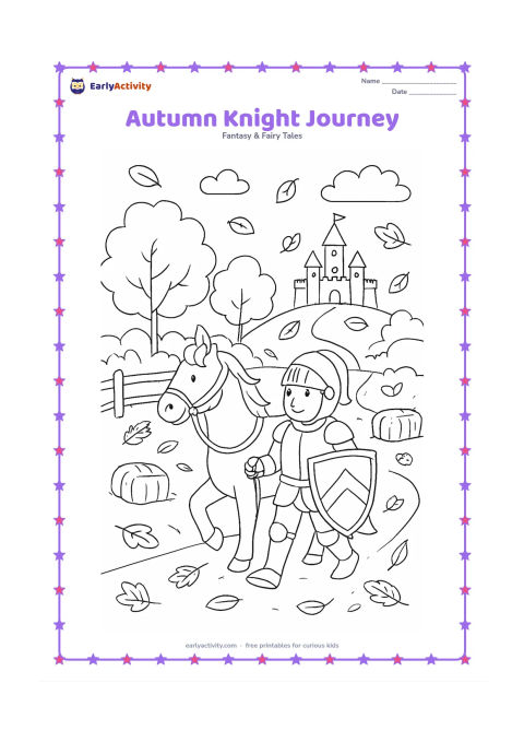 Colouring page: A knight walks beside a horse along a leafy autumn path, carrying a shield and looking toward a distant castle. Add falling leaves, hay bales, a fence, and rounded trees.