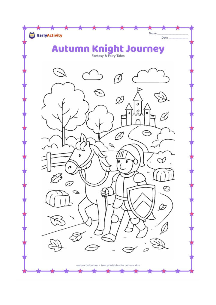 Colouring page: A knight walks beside a horse along a leafy autumn path, carrying a shield and looking toward a distant castle. Add falling leaves, hay bales, a fence, and rounded trees.