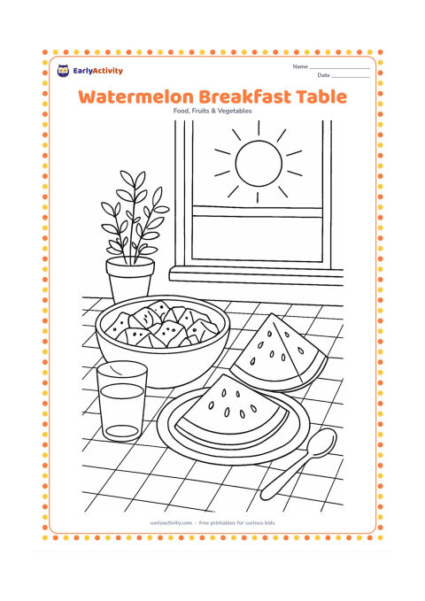 Colouring page: Draw a detailed breakfast table with a bowl of watermelon pieces, two large slices, a plate, spoon, drinking glass, checked tablecloth and a sunny window with potted herbs.