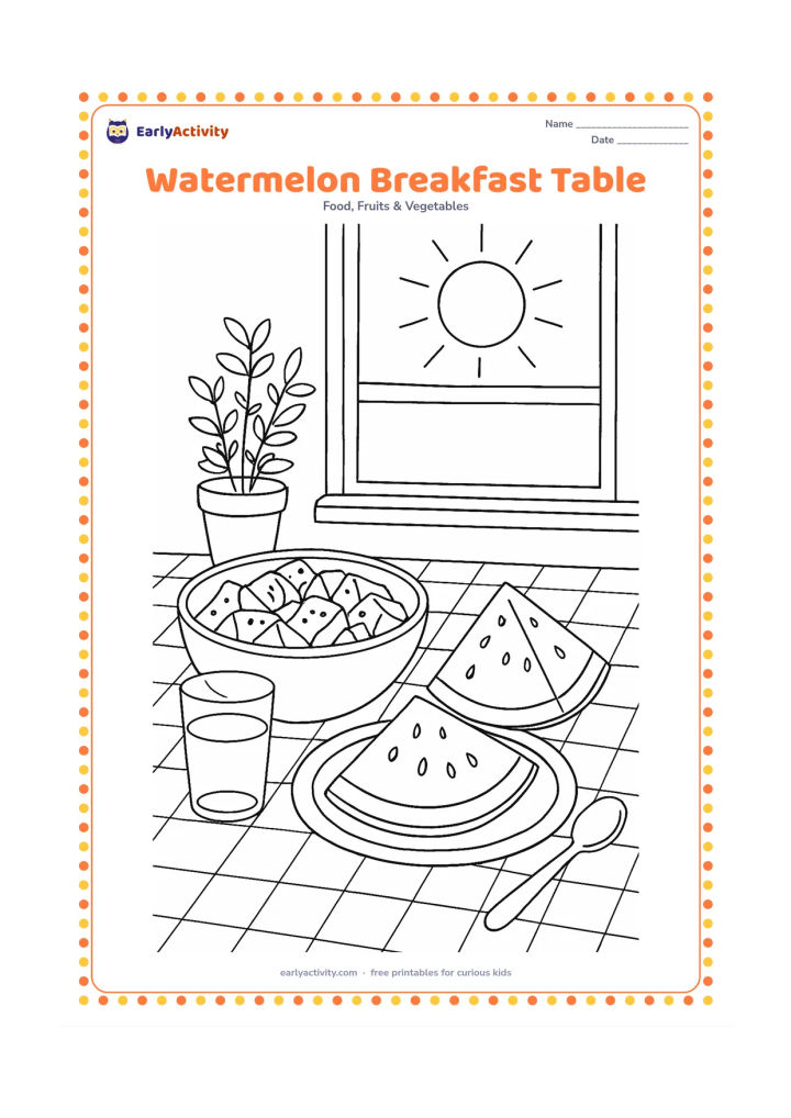 Colouring page: Draw a detailed breakfast table with a bowl of watermelon pieces, two large slices, a plate, spoon, drinking glass, checked tablecloth and a sunny window with potted herbs.