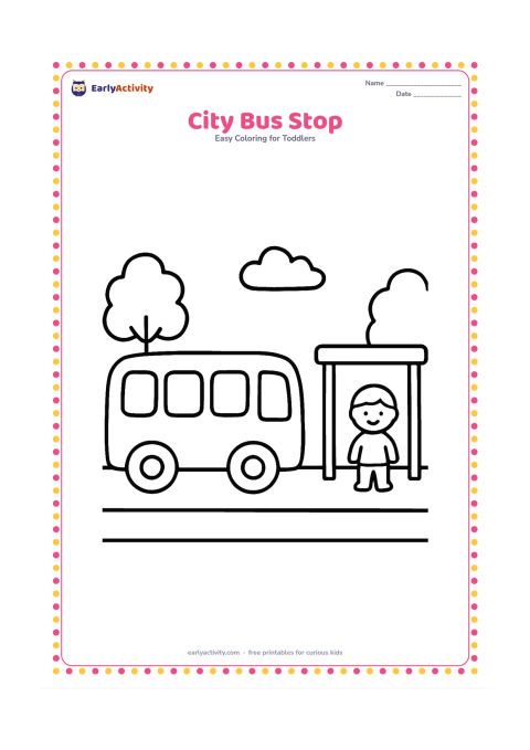 Colouring page: Draw a large simple bus stopped beside a plain shelter with one child-sized figure waiting nearby. Include a wide road, two trees and a cloud, but put no writing or route marks on the…