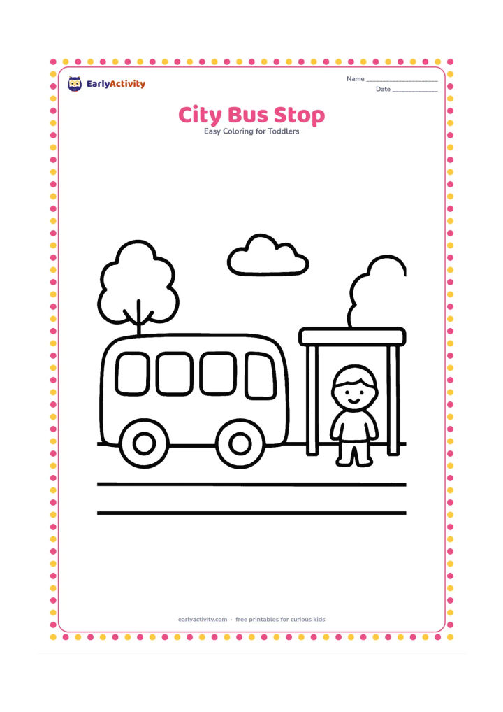 Colouring page: Draw a large simple bus stopped beside a plain shelter with one child-sized figure waiting nearby. Include a wide road, two trees and a cloud, but put no writing or route marks on the…