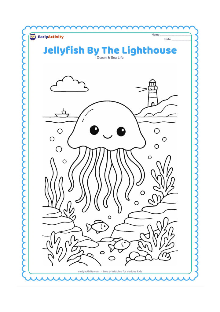 Colouring page: Draw a jellyfish underwater near a rocky Indian coastline, with a lighthouse on a distant headland and a small boat on the surface. Include layered rocks, sea plants, coral, bubbles and…