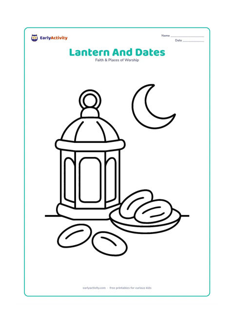 Colouring page: A large standing lantern is beside a small plate of dates and three broad date fruits, with a crescent moon in the background. Keep the table and food shapes simple and rounded.
