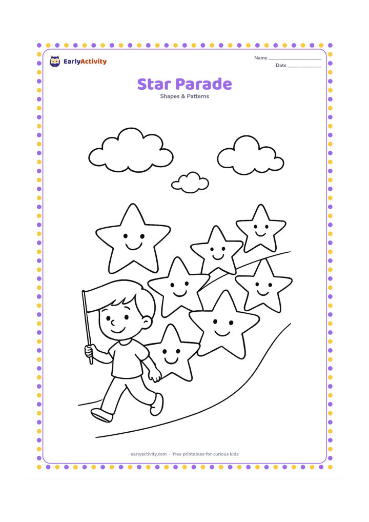 Colouring page: Several smiling five-point stars march in a cheerful line behind a child carrying a small flag with no markings, along a simple path with clouds.