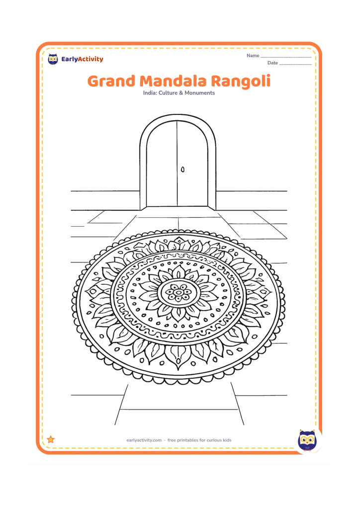 Colouring page: Draw a detailed circular rangoli with several symmetrical rings containing lotus petals, dots, curved vines, diamonds and tiny scallops. Place it in a spacious courtyard with a simple…