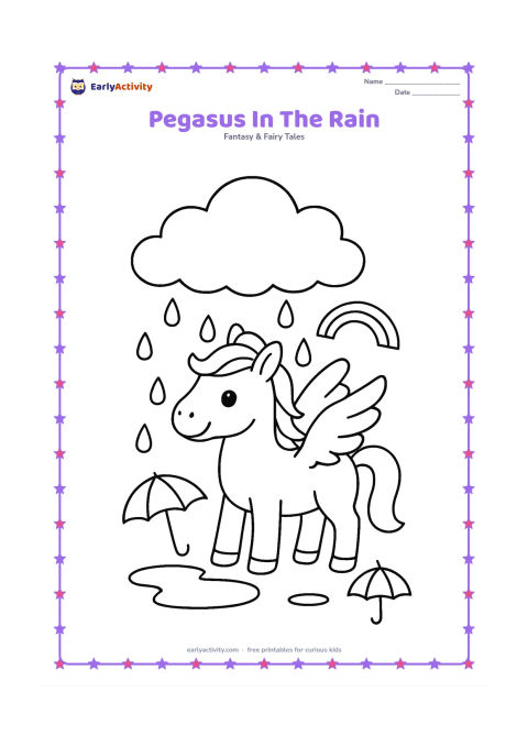 Colouring page: Show a pegasus standing happily under a large cloud while gentle raindrops fall around it. Add a simple puddle, two broad umbrellas resting nearby and a small rainbow in the distance.
