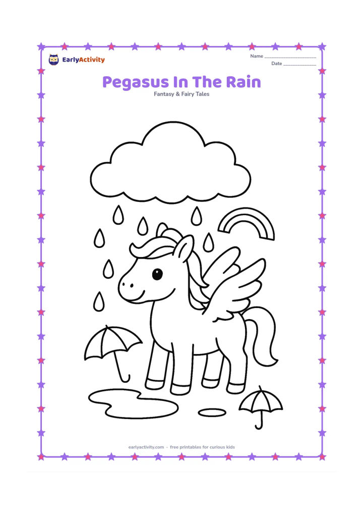 Colouring page: Show a pegasus standing happily under a large cloud while gentle raindrops fall around it. Add a simple puddle, two broad umbrellas resting nearby and a small rainbow in the distance.