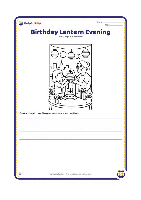 Worksheet: Draw a child and grandparent arranging a birthday table on a balcony at dusk, with paper lanterns, cake, gifts, potted plants, and a city skyline beyond. Include a crescent moon and…