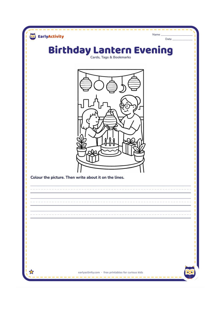 Worksheet: Draw a child and grandparent arranging a birthday table on a balcony at dusk, with paper lanterns, cake, gifts, potted plants, and a city skyline beyond. Include a crescent moon and…