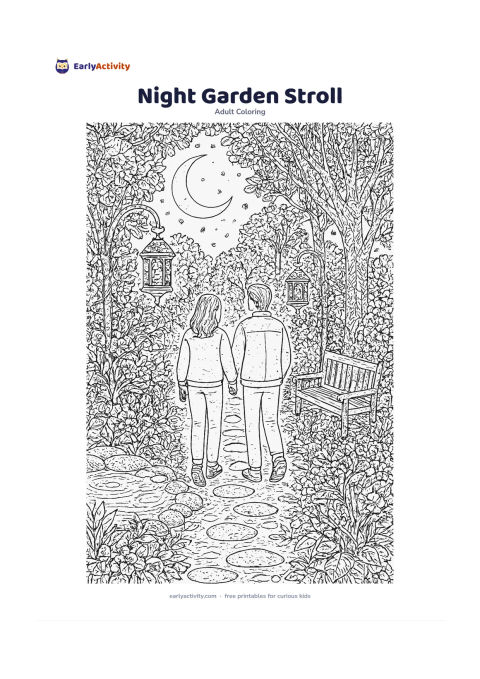 Colouring page: Two friends taking a quiet evening walk through a garden path lined with glowing lanterns, shrubs and flowering vines. Include a small pond, stepping stones, a bench, tall trees and a…