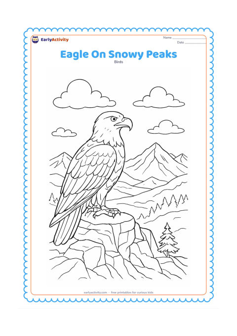 Colouring page: Draw an eagle perched on a craggy mountain ledge above snow-covered peaks. Include layered cliffs, a distant valley, drifting clouds and a small evergreen tree growing from the rock.