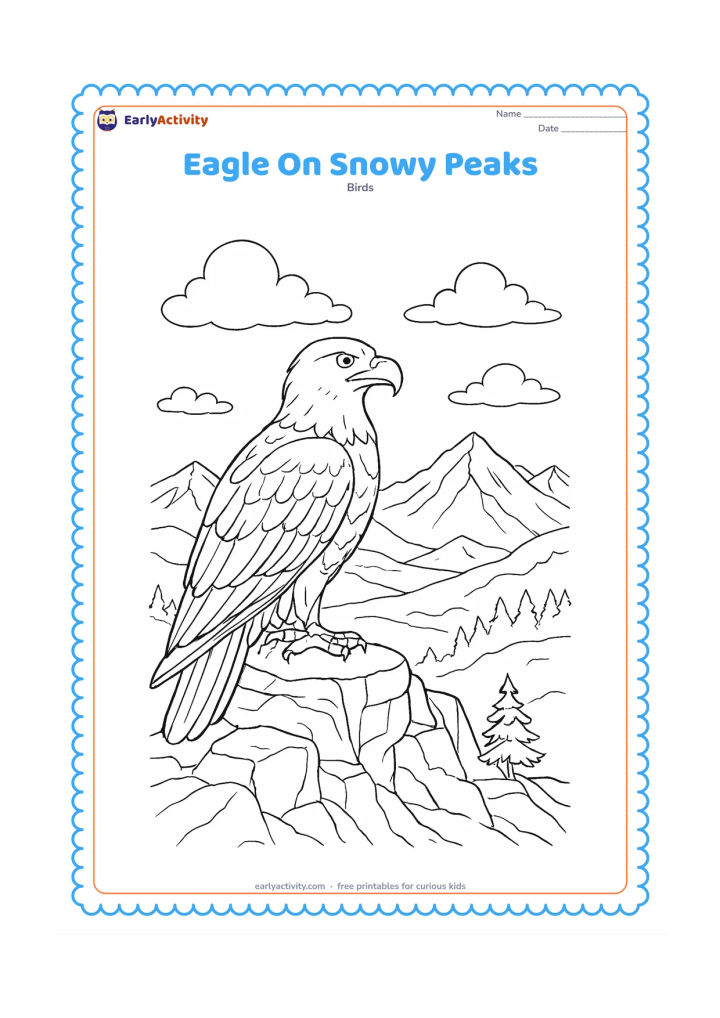 Colouring page: Draw an eagle perched on a craggy mountain ledge above snow-covered peaks. Include layered cliffs, a distant valley, drifting clouds and a small evergreen tree growing from the rock.