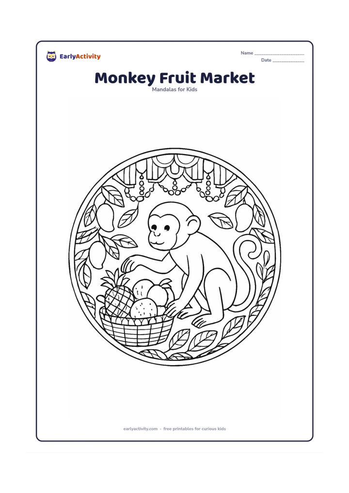 Colouring page: A monkey reaches toward a basket of fruit in the centre of a circular mandala inspired by an Indian market. Surround the scene with mangoes, bananas, leafy branches, woven basket…