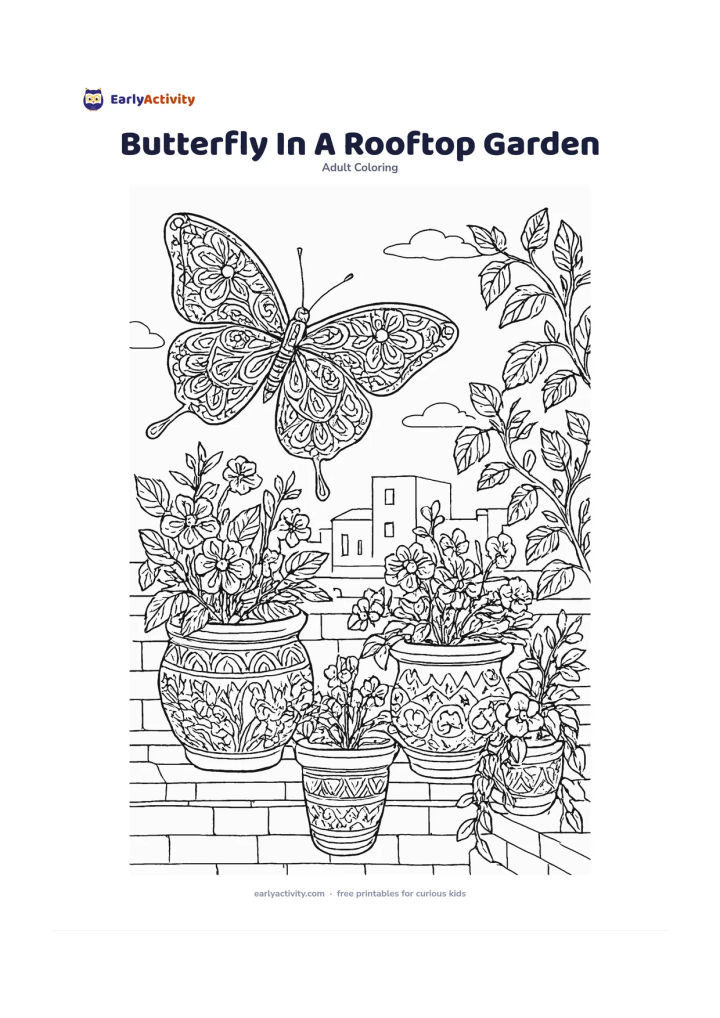 Colouring page: Draw a butterfly visiting flowering pots on an Indian rooftop garden, with terracotta containers, leafy vines, a low parapet, and distant simple buildings. Include open wings filled with…
