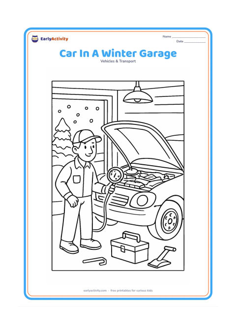 Colouring page: Draw a car being checked in a tidy garage during winter, shown from the side with the bonnet open, a mechanic holding a tyre gauge, a toolbox, a jack and snow visible through the…
