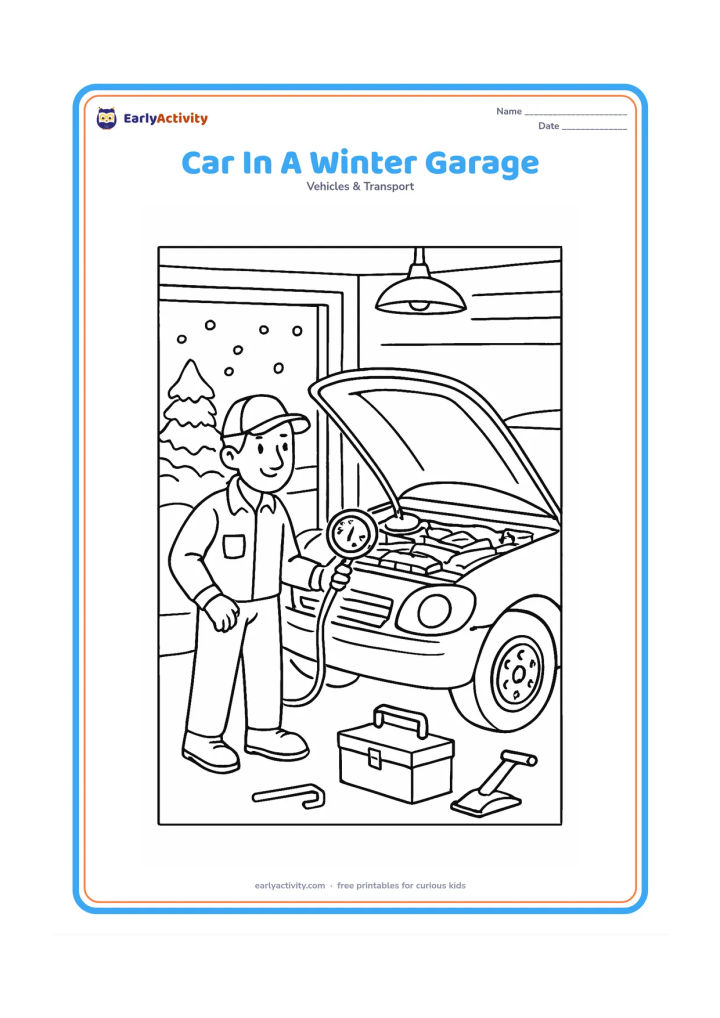 Colouring page: Draw a car being checked in a tidy garage during winter, shown from the side with the bonnet open, a mechanic holding a tyre gauge, a toolbox, a jack and snow visible through the…