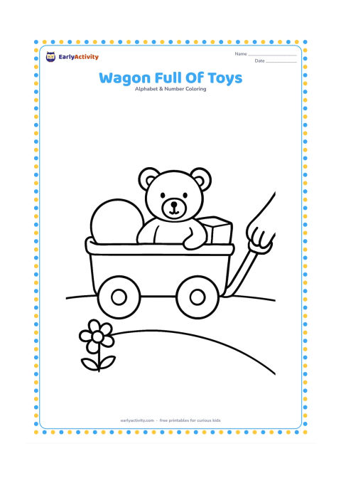 Colouring page: Draw a small pull wagon containing a ball, teddy bear, and toy block, with a child's hand holding the handle. Place it on a simple path with one flower nearby.