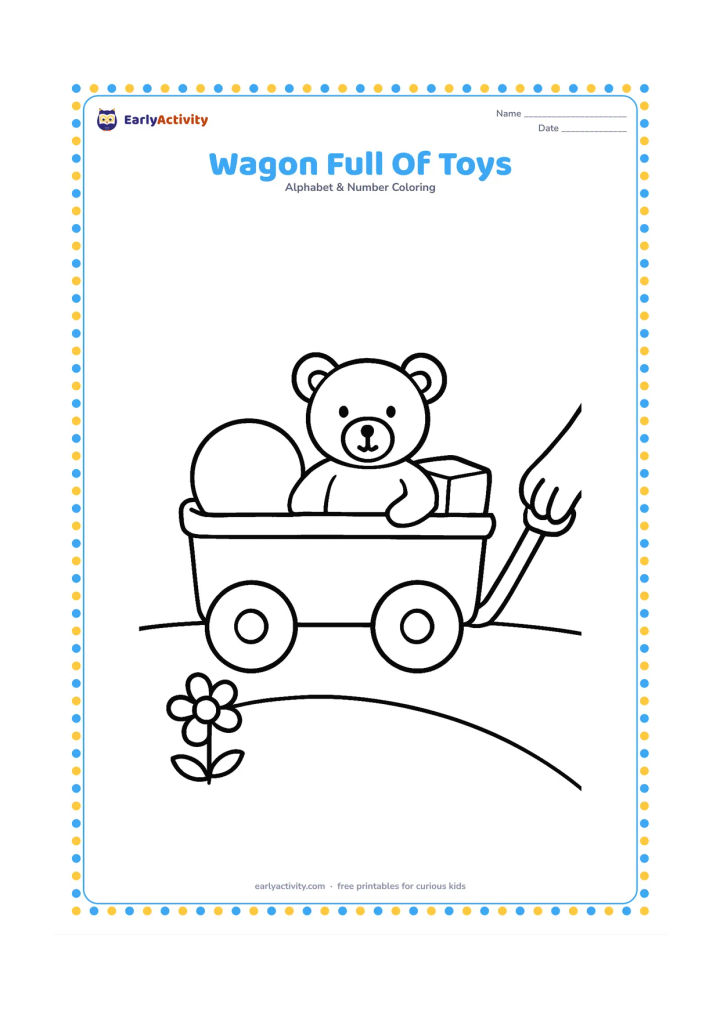 Colouring page: Draw a small pull wagon containing a ball, teddy bear, and toy block, with a child's hand holding the handle. Place it on a simple path with one flower nearby.
