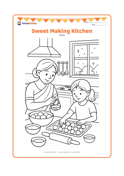 Colouring page: Draw a detailed home kitchen where an adult shapes laddus while a child places sweets on a tray. Include bowls of ingredients, a rolling pin, a stove, hanging utensils, patterned tiles…