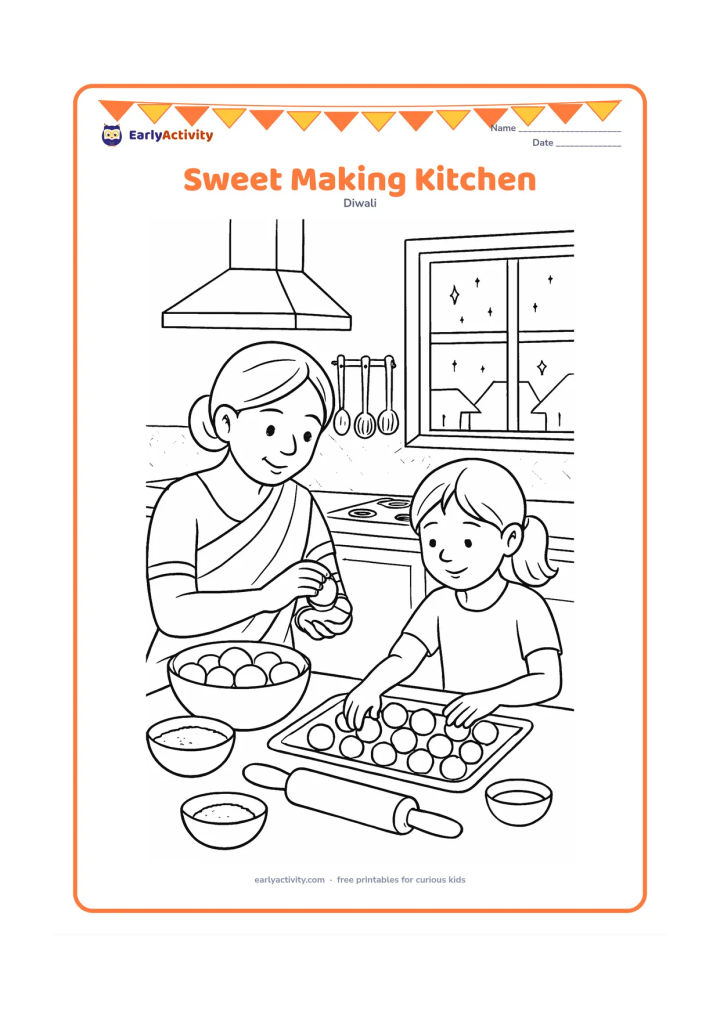 Colouring page: Draw a detailed home kitchen where an adult shapes laddus while a child places sweets on a tray. Include bowls of ingredients, a rolling pin, a stove, hanging utensils, patterned tiles…