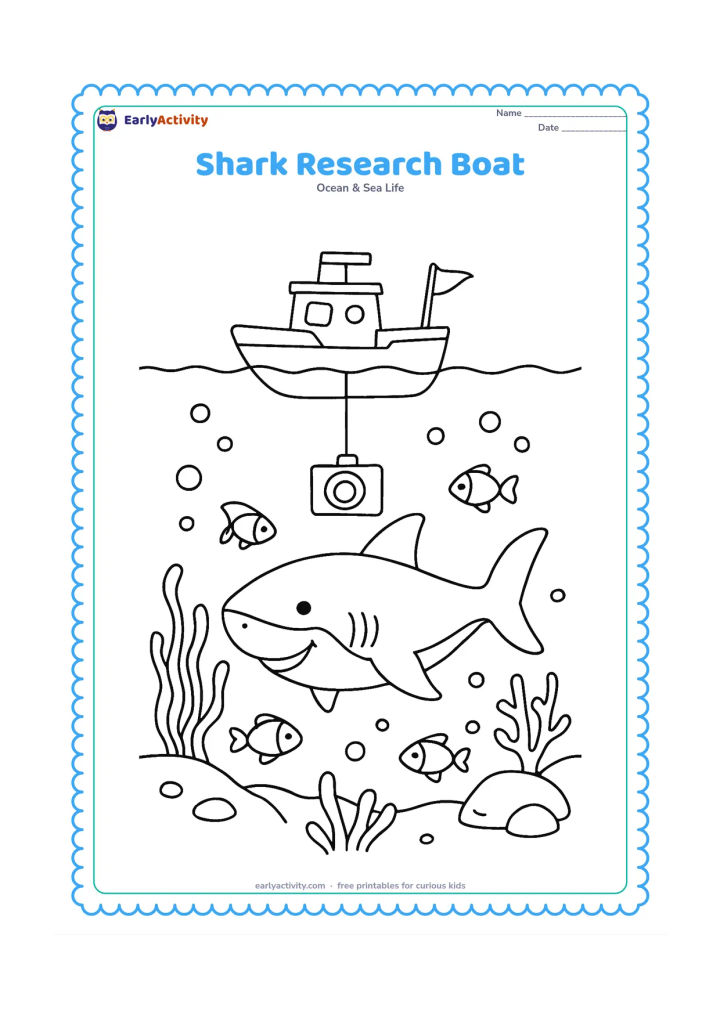 Colouring page: A friendly shark swims below a small research boat with a lowered observation camera, while fish, sea plants, bubbles and a rocky seabed fill the underwater area. Keep the equipment…
