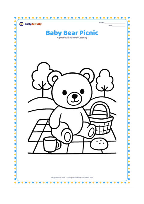 Colouring page: Draw a cute bear sitting on a picnic cloth with a basket, a plain cup and one round bun. Add two simple trees and a low hill behind the bear.