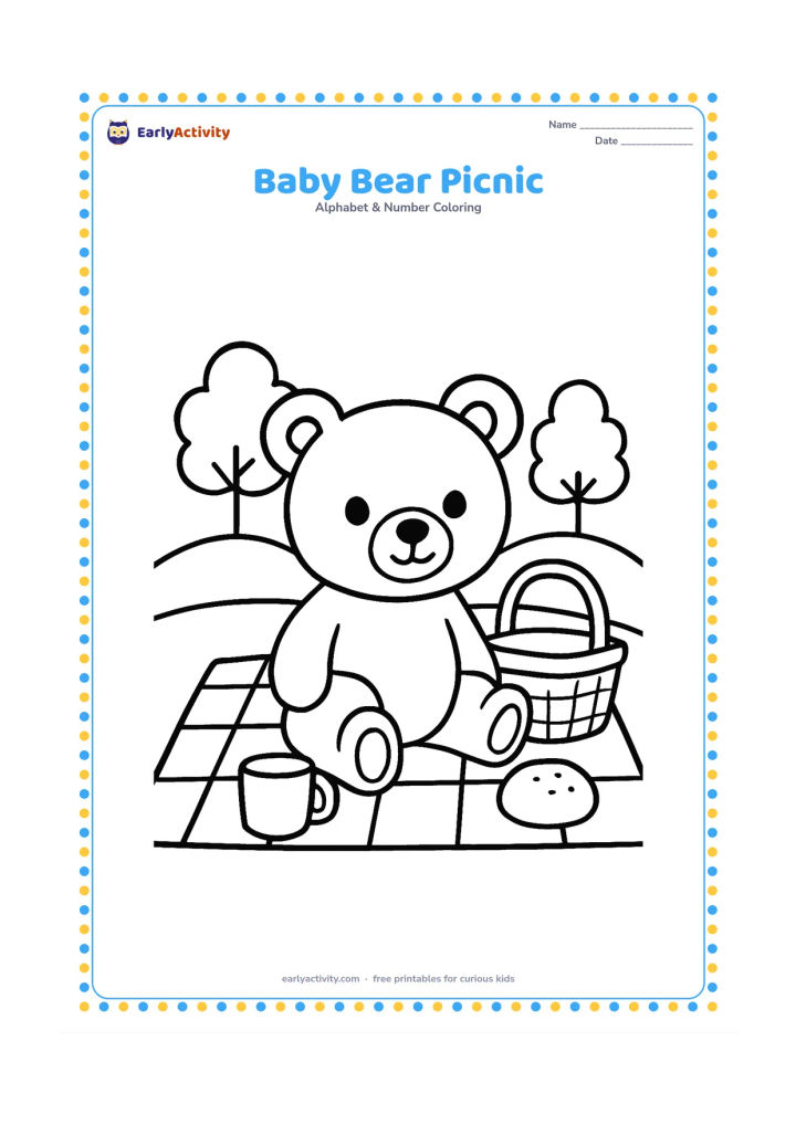 Colouring page: Draw a cute bear sitting on a picnic cloth with a basket, a plain cup and one round bun. Add two simple trees and a low hill behind the bear.