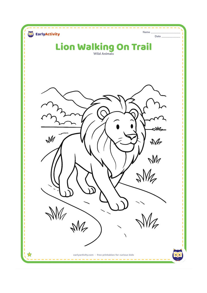 Colouring page: A male lion walks calmly along a winding dirt trail, with one front paw raised and its mane flowing around the head. Add grass tufts, shrubs, and distant rocky hills.