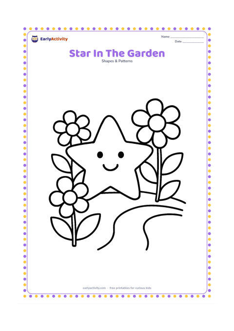 Colouring page: A large smiling five-point star rests among three oversized flowers, broad leaves and a simple curved garden path.