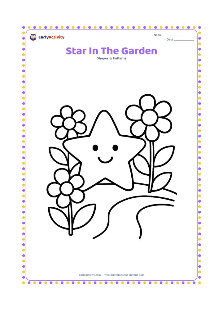 Colouring page: A large smiling five-point star rests among three oversized flowers, broad leaves and a simple curved garden path.
