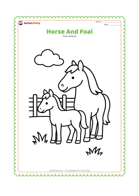 Colouring page: A mother horse stands beside a small foal in a grassy paddock, both facing left. Add a low fence, one cloud and a large patch of grass.