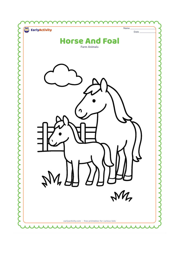 Colouring page: A mother horse stands beside a small foal in a grassy paddock, both facing left. Add a low fence, one cloud and a large patch of grass.