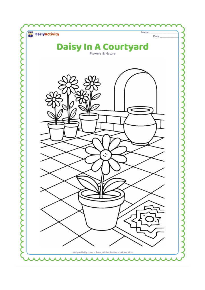 Colouring page: Draw potted daisies arranged in an Indian courtyard, with a low wall, patterned floor tiles, a clay pot and a small rangoli-inspired geometric border on the ground. Include one open…
