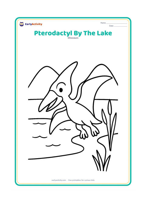 Colouring page: Draw a pterodactyl landing beside a calm prehistoric lake, with its feet reaching toward the ground and two rounded mountains behind the water. Include a few large reeds along the shore.