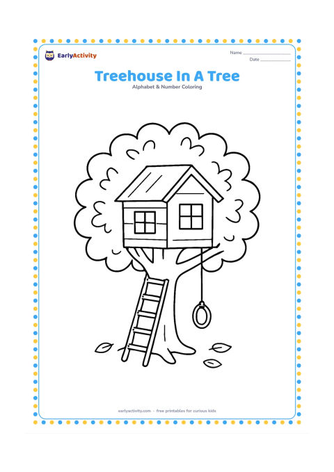 Colouring page: Draw a small treehouse built among the branches of a broad tree, with a ladder, window, rope swing, and leafy canopy. Place a few fallen leaves on the ground below.